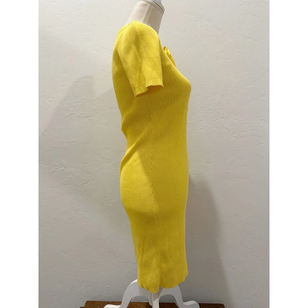 Michael Kors Womens Yellow Ribbed Lace-Up Fitted Chic Midi Sweater Dress Size S
